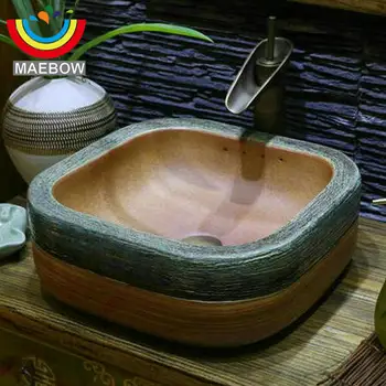 MAEBOW Oriental ดั้งเดิมสไตล์ล็อบบี้โรงแรม Idyllic การตั้งค่า Garden Sink Home Decor เคาน์เตอร์ Lavabo เซรามิคห้องน้ําอ่างล้างจาน 1
