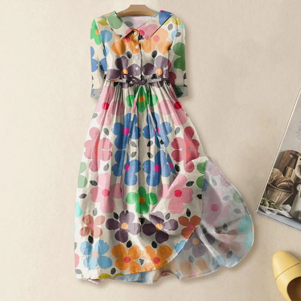 A-line Dress Bohemian Floral Print Midi Dress with Lace-up Detail A-line Silhouette for Women Spring Fashion Statement Women 2