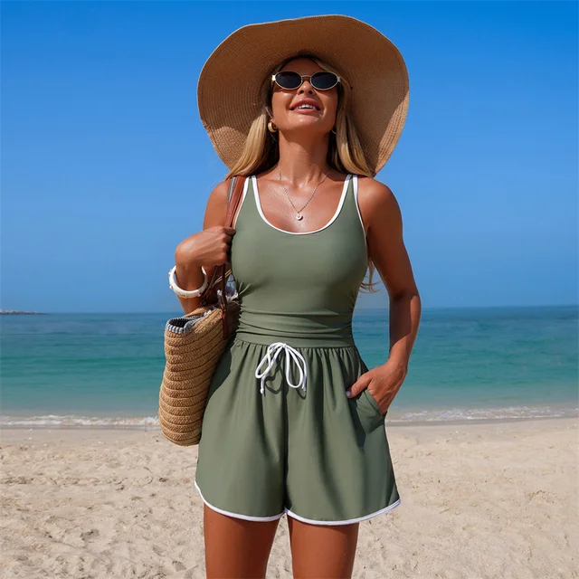 Women One Piece Swimsuit Summer Swimming Jumpsuit Vest Shorts Solid Classical Color Female Deep Neck Bathing Suits Beach 2026 4