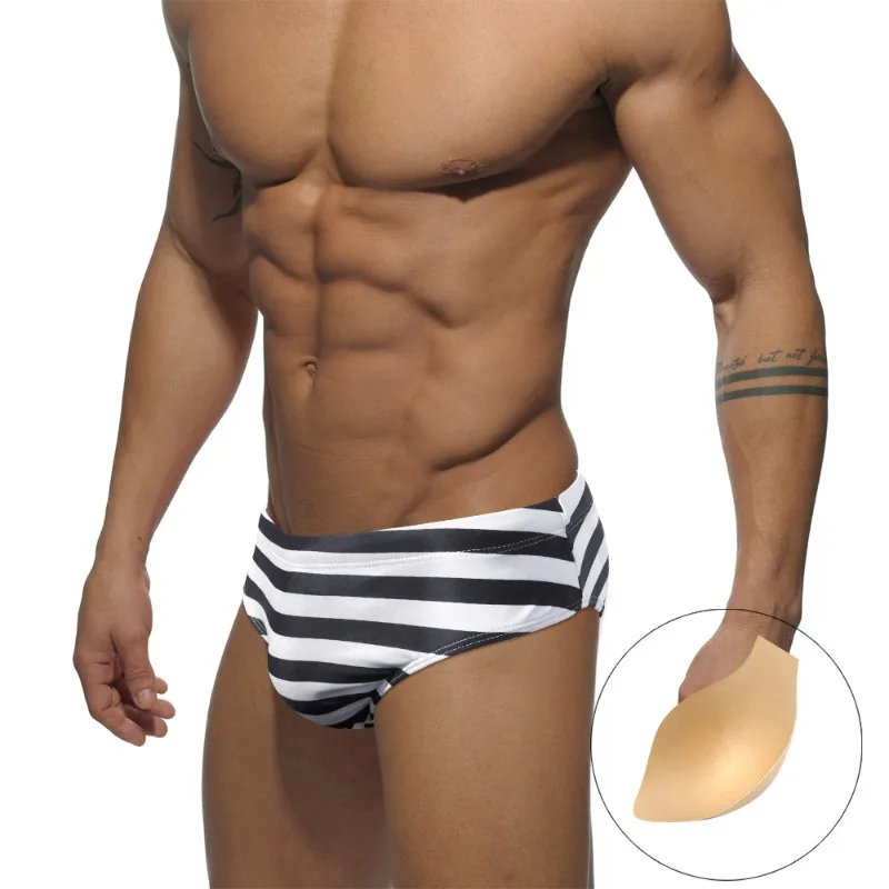 

New Men's Brand Swimming Briefs Sexy Low Waist Swimwear with Push-up Pad Black White Stripe Shorts Trunks Boxers Man Swim Beach