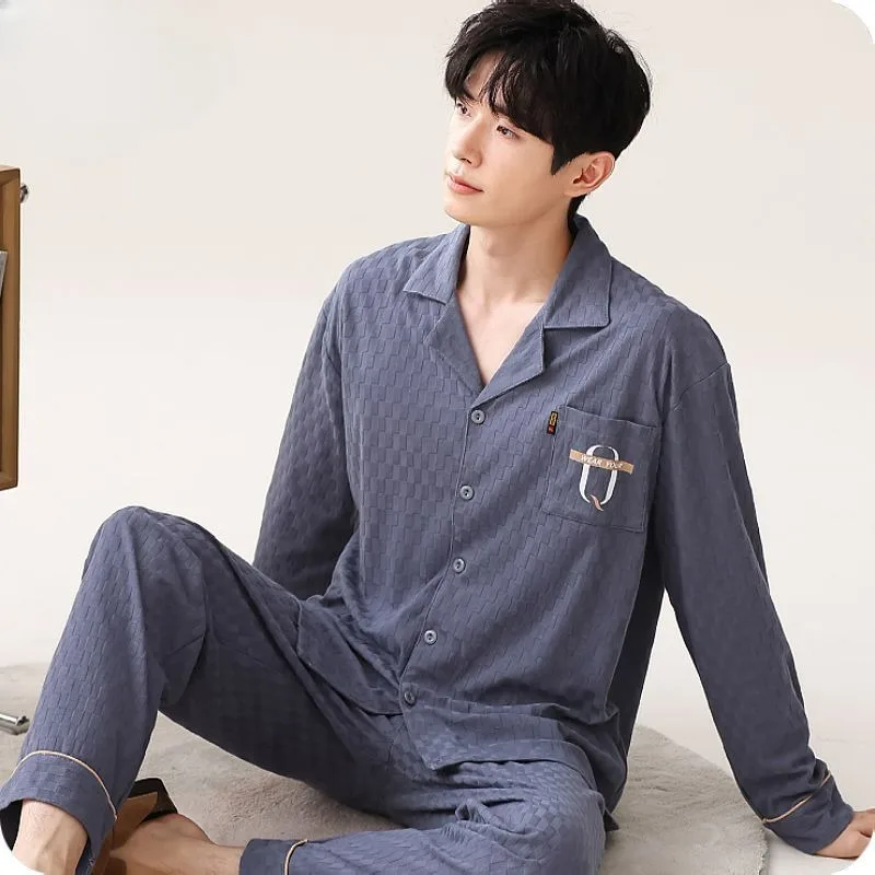 Pure Cotton Sleepwear Men's Spring Autumn Long-Sleeved Cardigan Casual Loose Homewear Suit Male Large Size Simple Pajamas Set spring autumn pure cotton couple pajamas set long sleeved pants cotton crepe men women sleepwear ab edition loose comfy homewear