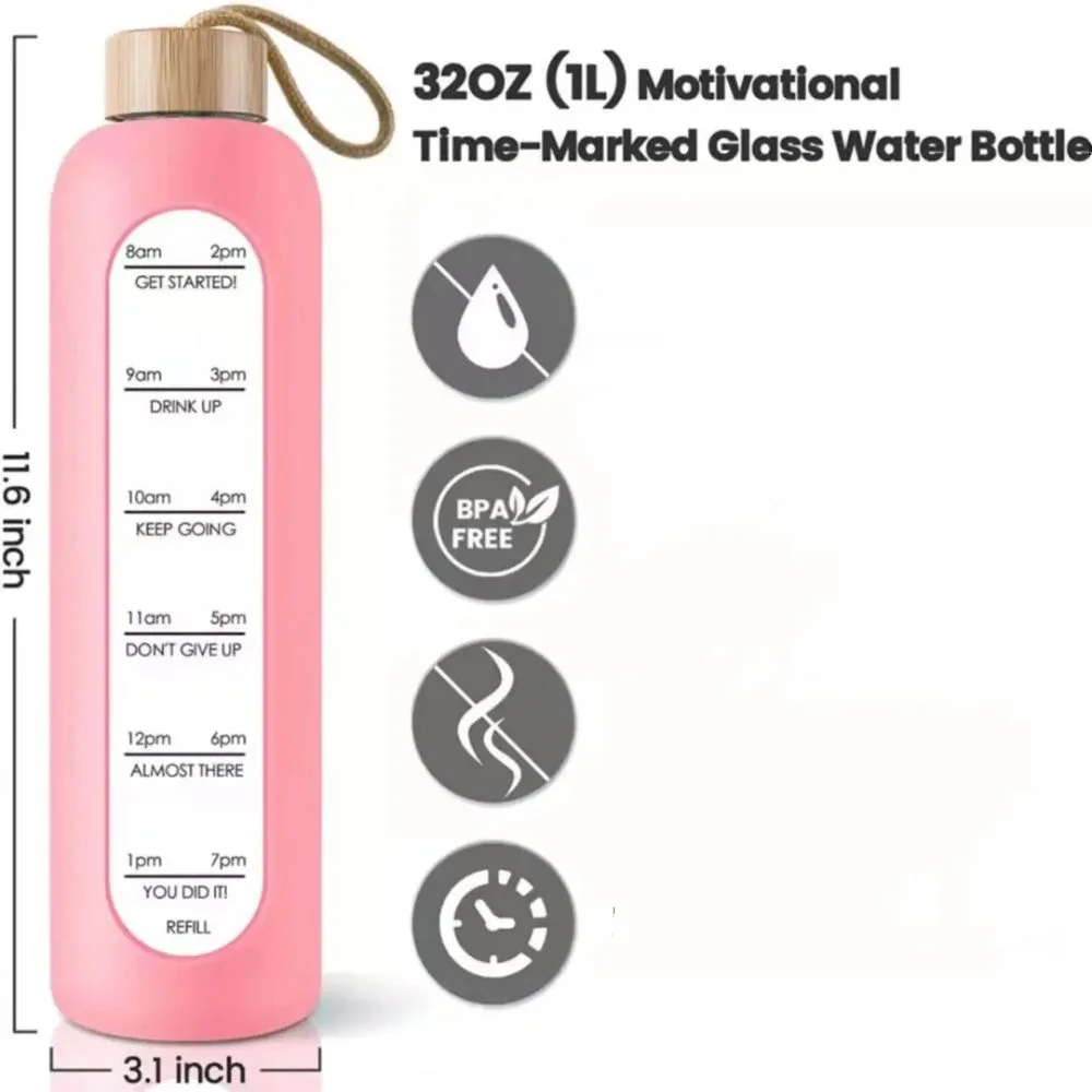 Eco-Friendly Motivational Glass Water Bottle with Bamboo Lid and Silicone Sleeve, 32oz