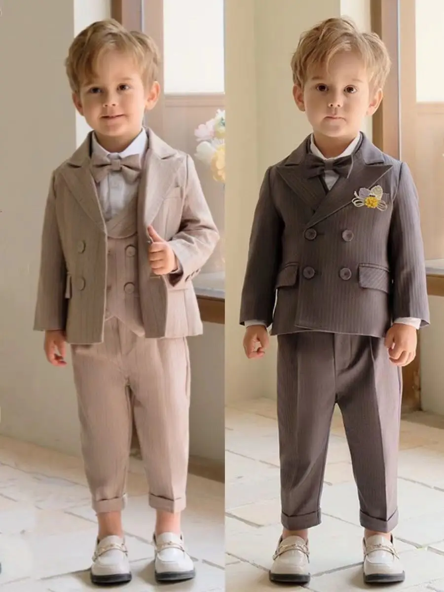 Children Luxurious Khaki Photography Suit Boys Formal Ceremony Costume Kids Birthday Wedding Party Dress Performance Tuxedo Set