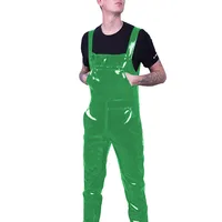 Wetlook Mens Jumpsuit Pockets Strap Suspender Pants Glossy PVC Leather Bib Pants Solid Color Streetwear Gothic Overalls Rompers 1