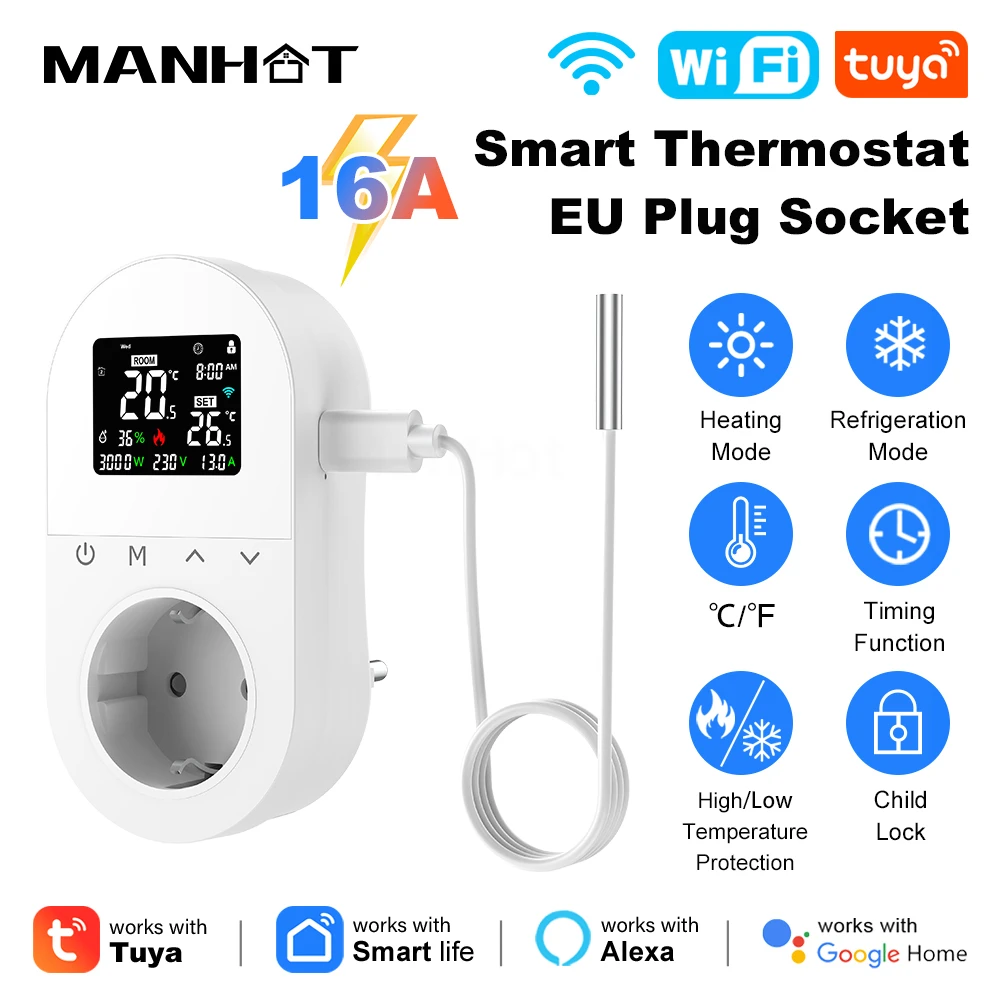 MANHOT Tuya 16A WiFi LCD Thermostat Wireless Electric Plug-in Thermostat Socket Temperature Controller Voice Control For Alexa