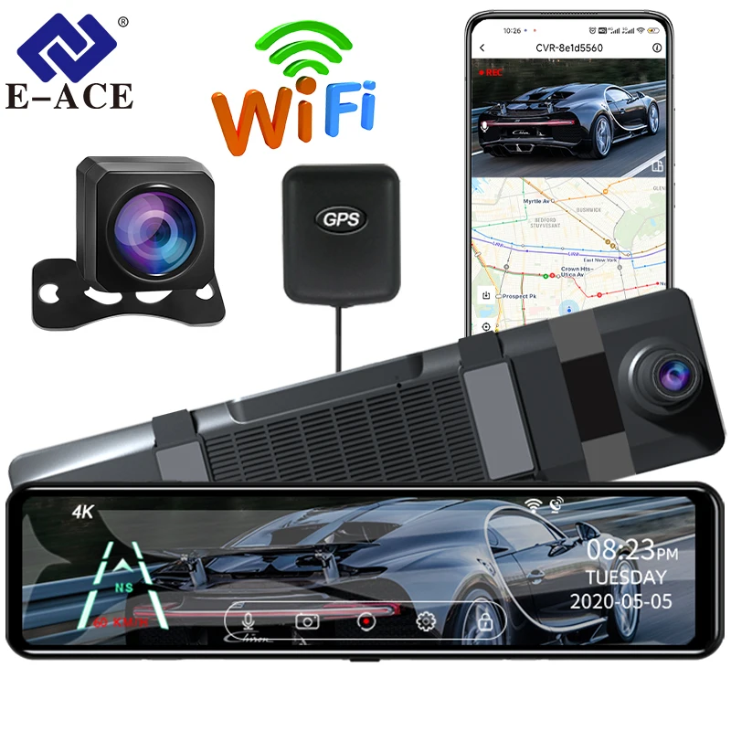 E-Ace 12 Pollici 4K Car Dvr Mirror Wifi Gps Ips Screen Stream Vista Posteriore Dash Cam Mirror Dual Car Camera Drive Recorder Black Box