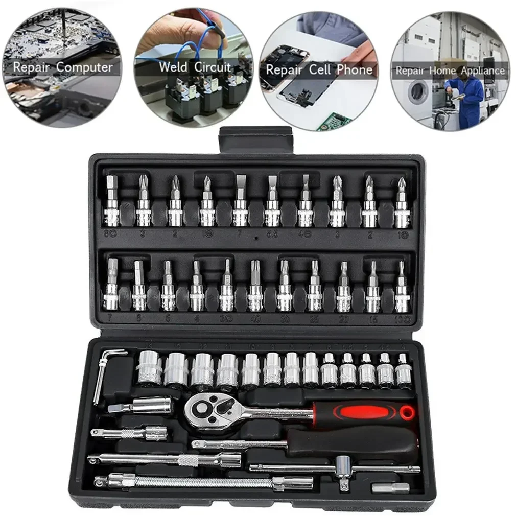 46pcs 1/4 Inch Drive Socket Set Ratchet Wrench Set Car Tool Kit, Bit Socket Wrench Set Metric Mechanic Tool Set Car accessories_voghion.com