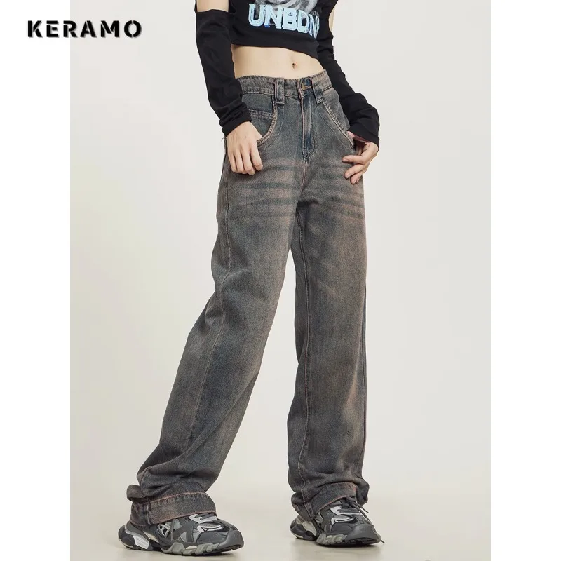 

Women's Vintage High Waist High Street Style Grunge Straight Jeans Pants Wide Leg Baggy Korean Fashion Y2K Denim Trouser