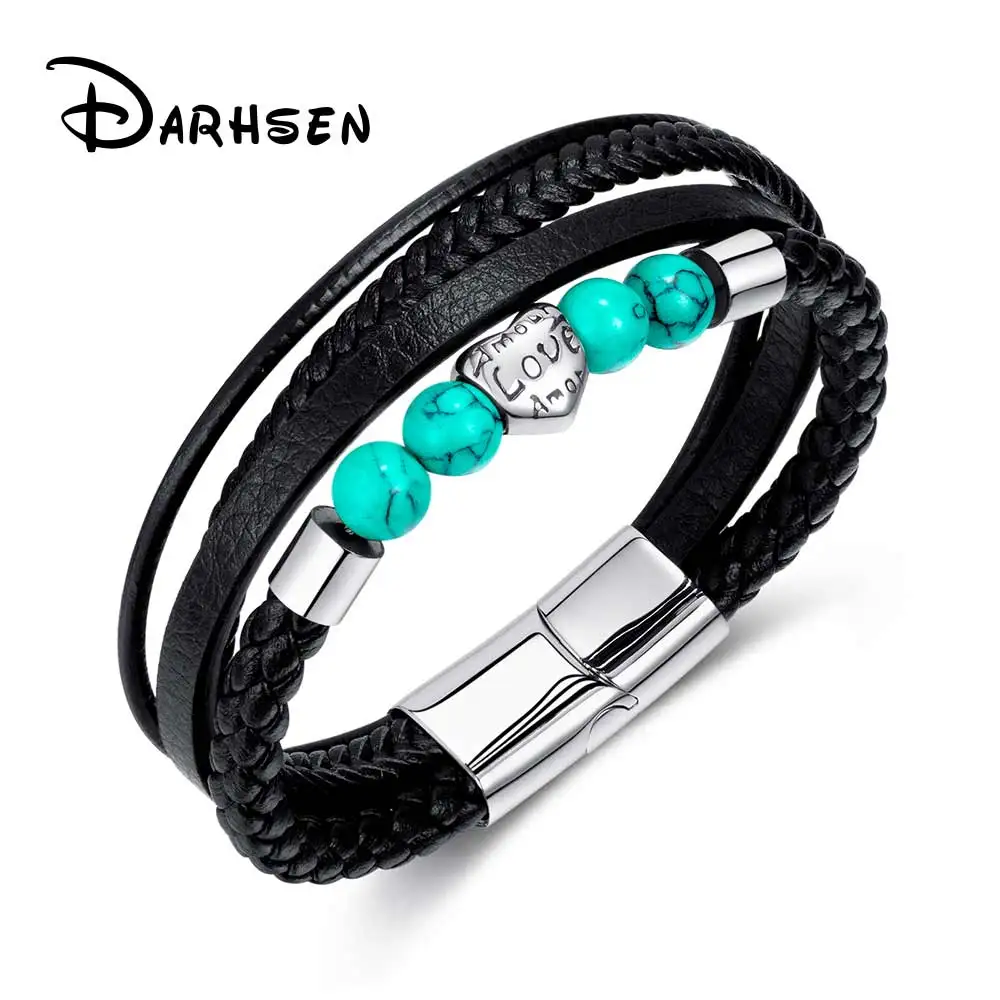

DARHSEN Men Black Leather and Blue Bead Wrap Bracelets Bangles Hand Wristlet Fashion Jewelry Magnet Buckle Clasp