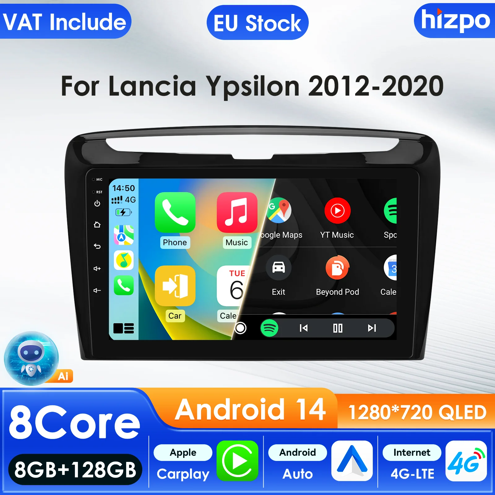 Hizpo 2Din Android 14 Auto-Multimedia-Player für Lancia Ypsilon 2012–2020 GPS Carplay Autoradio 360Cam 4G AI intelligenter Bildschirm