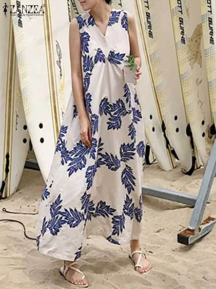

ZANZEA Fashion V-neck Long Maxi Sundress Women Leaves Printed Loose Dresses Holiday Bohemian Sleeveless Tank Dress Oversize Robe