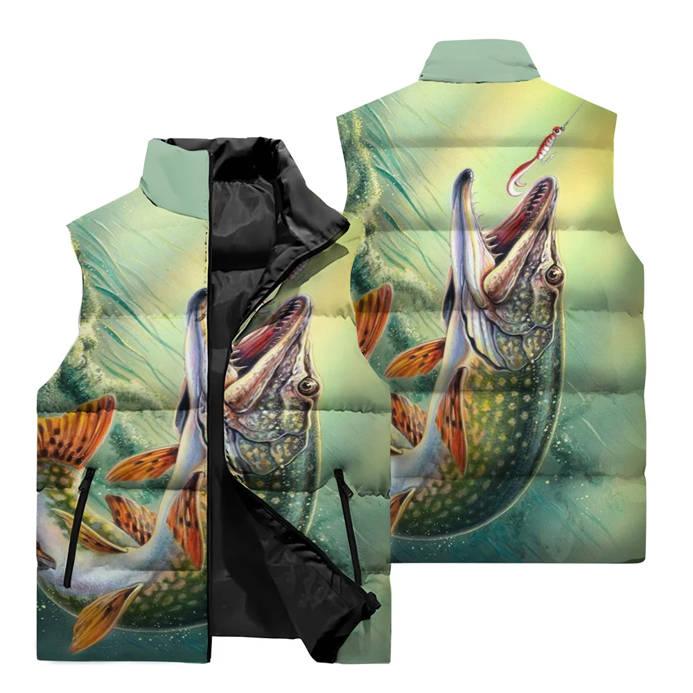 thumbnail image 1 of Chaqueta sin mangas de otoño e invierno para hombre con patrón de pesca, chaqueta con cremallera de cuello alto a prueba de viento y cálida, chaleco, 1 of 4