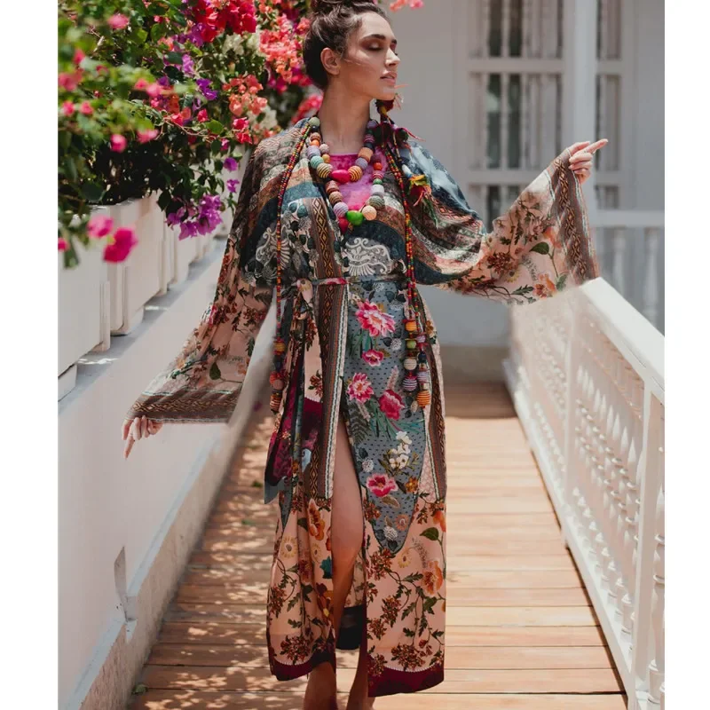 Kaftan Long Boho Beach Dress Bikini Cover-up African Cotton Hippy Floral Free Size Women Beach Wear Cover Up Caftan Maxi Gown 1