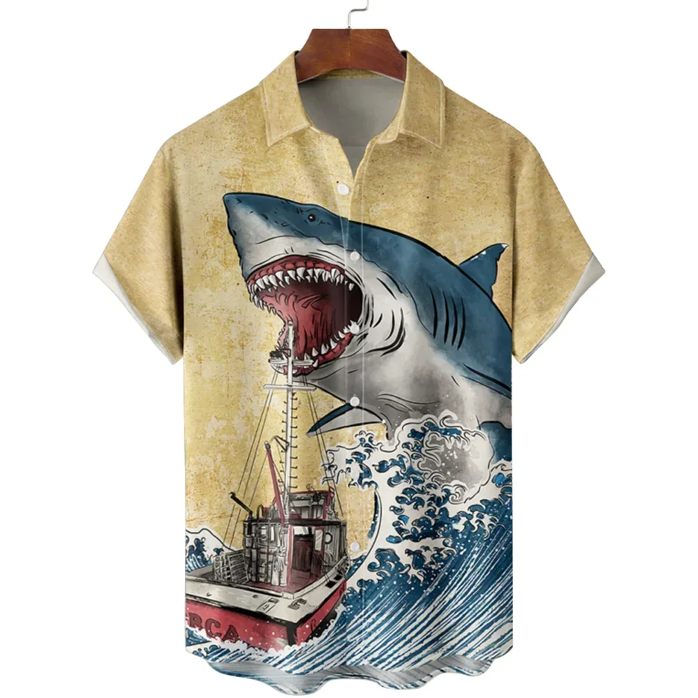 

2024 Men's Summer High Quality Hawaiian Shark Shirt T-shirt Fashion Button Men's Shirt Short Sleeve Flip Collar Street Clothing