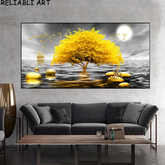 Árbol Dorado de la vida pintura al óleo sobre lienzo pared arte póster  impresiones, cuadros de pared abstractos nórdicos, sala de estar,  dormitorio, decoración del hogar - AliExpress