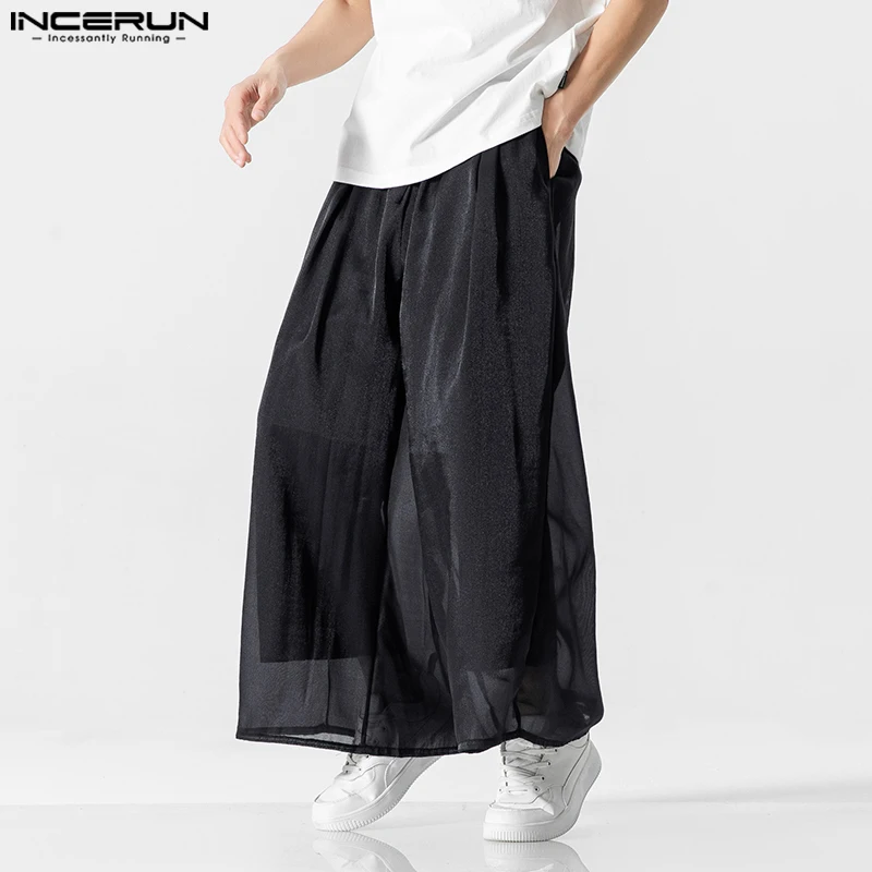 

INCERUN Men Wide Leg Pants Solid 2023 Joggers Translucent Drawstring Loose Trousers Men Streetwear Vintage Male Long Pants S-5XL