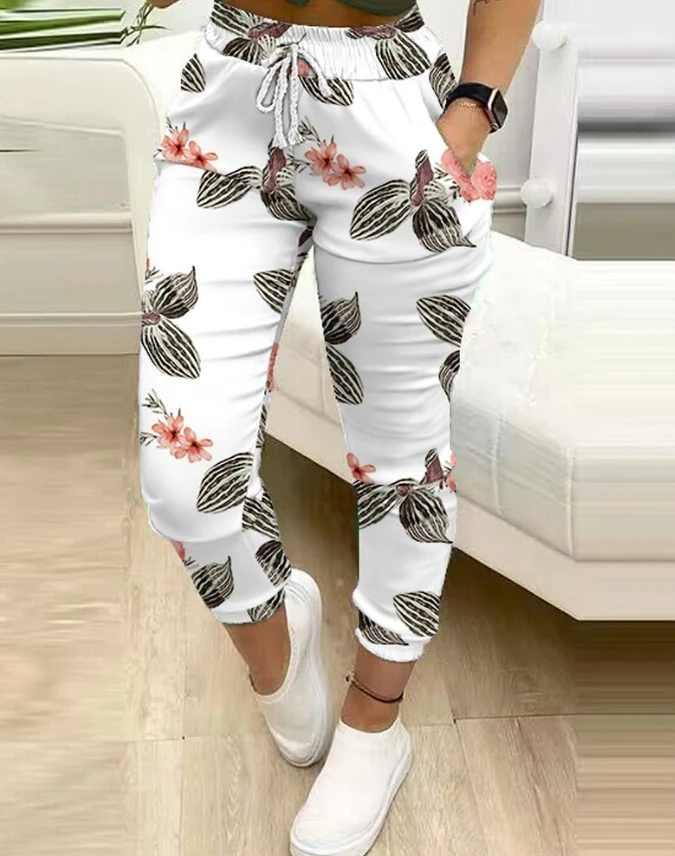 Women's Summer New Fashion Versatile Short Twisted Top and Colorful Printed Casual Pants Sports Daily Two Piece Set