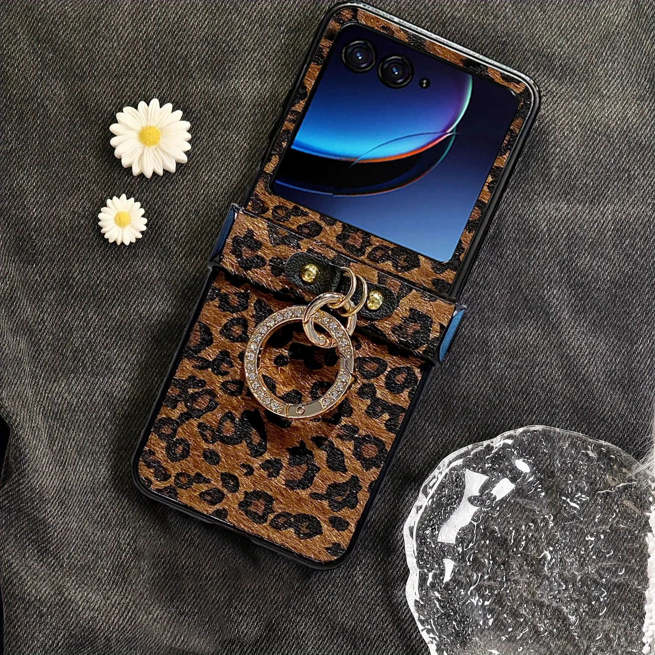 Chic Leopard Leather Plush Cover with Diamond-Plated Ring Buckle