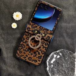 Chic Leopard Leather Plush Cover with Diamond - Plated Ring Buckle - Motorola Razr 70 (Brown)