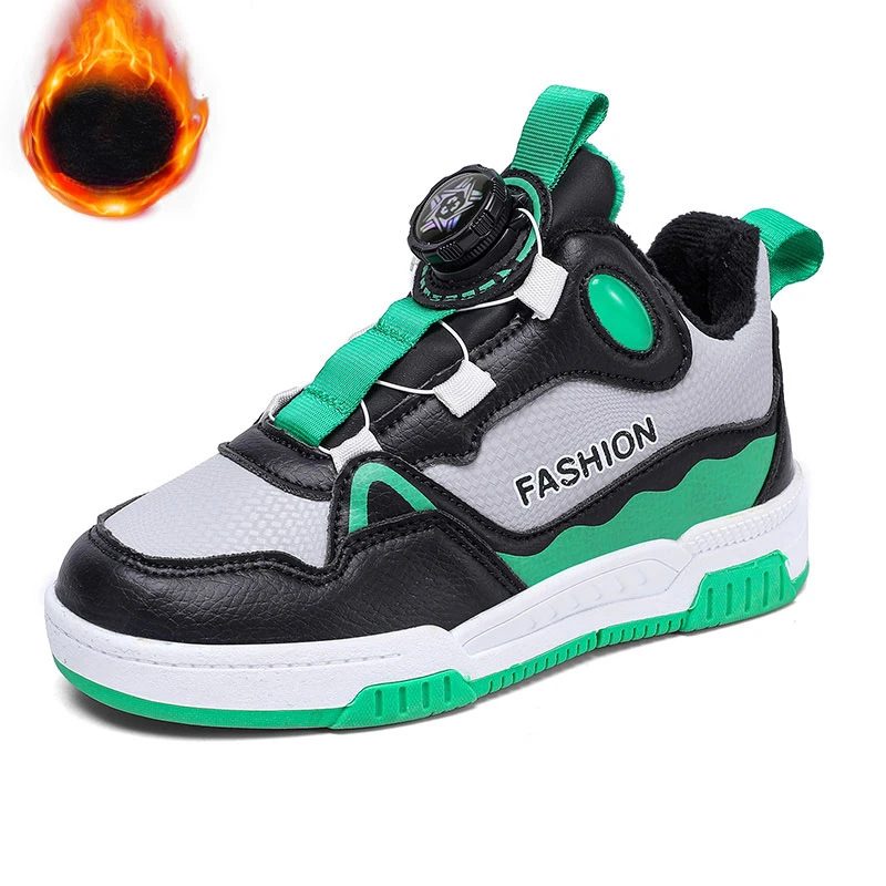 

Winter New Children's Rotating Buckle Plush Sneaker Black Leather Warm Fashion Casual Shoes Lightweight Soft Running Footwear