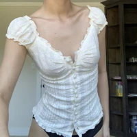 Chemises bouffantes grunge à manches courtes pour femmes, chemisiers boutonnés à col en V, vêtements esthétiques Y2k, nickel é, Y-E-Girls 4