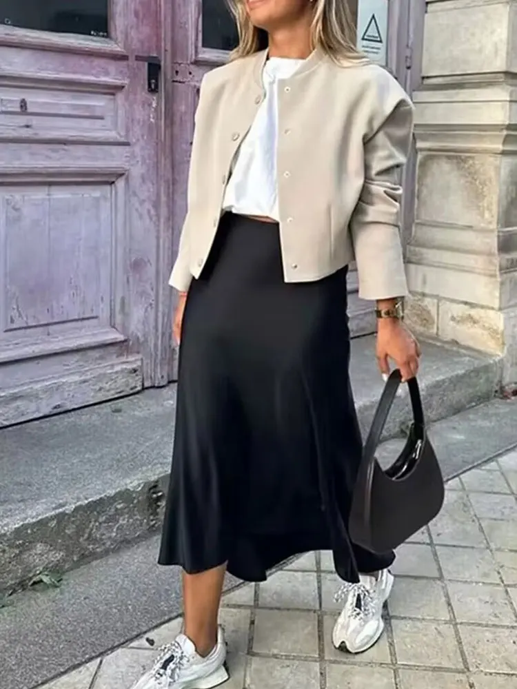 HH 2024 Y2K Casual Women Long Skirt Spring Elastic High Waisted A-Line Casual Female Satin Skirts High Street Lady Skirts