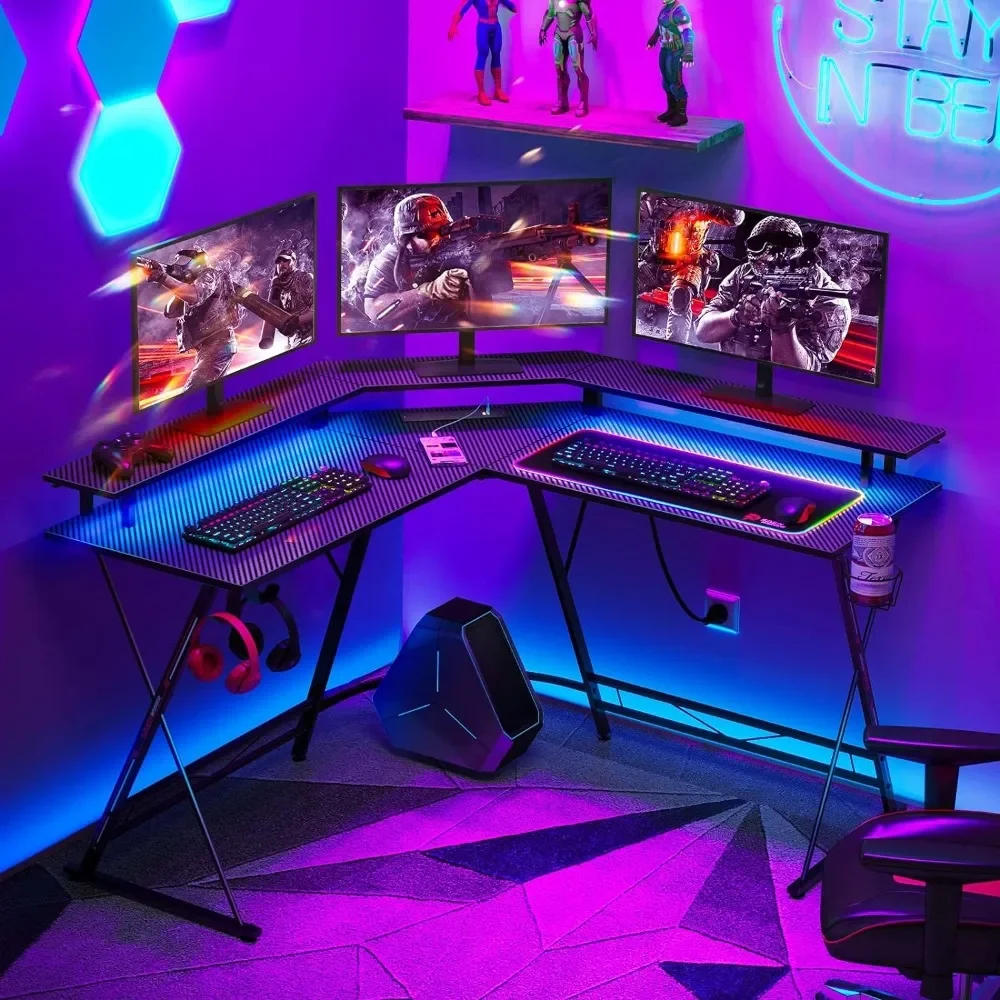 50.4” Computer Desk With Monitor Stand & Carbon Fiber Surface L Shaped Gaming Desk With LED Lights & Power Outlets Office Desks hd 1000tvl cmos underwater fishing camera video fish finder ir white led lights 7 monitor 15m 30m cable float 4500mah battery