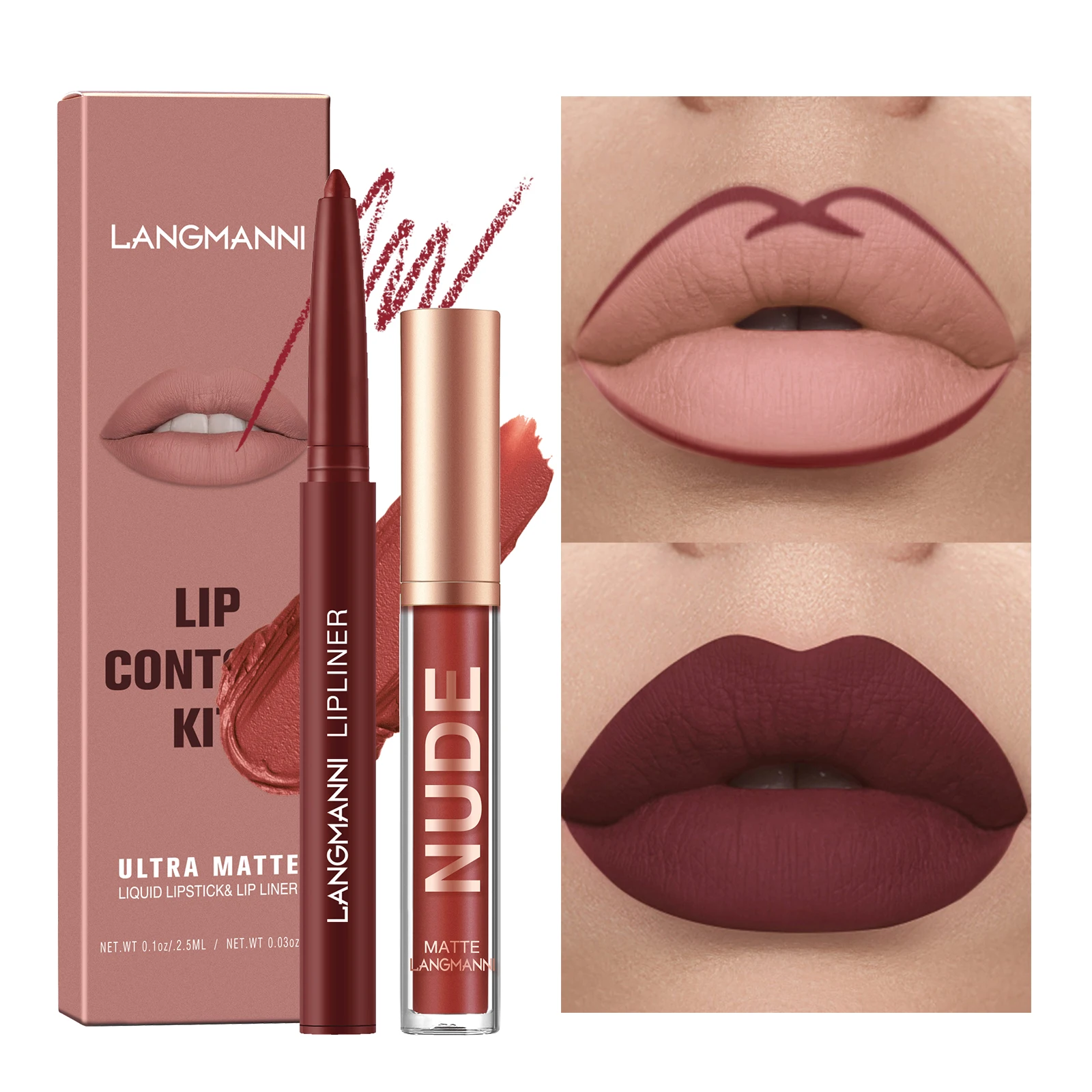 2 Piece Lip Gloss Lip Liner Set Matte Finish Non stick Cup Long Lasting Color Liner Combo Defined Lips