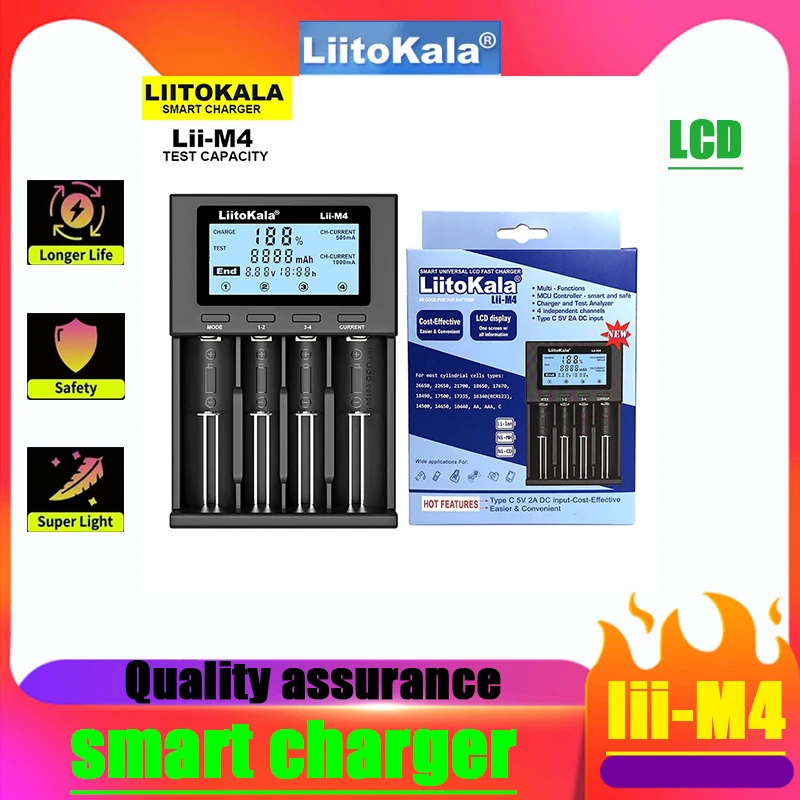 

LiitoKala Lii-M4 Rechargeable Battery Charger Lii-M4S 3.7V 18650 26650 21700 18500 Lithium-ion 1.2V Ni-MH AA Test Capacity