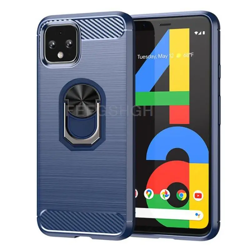 Carbon Fiber Brushed Soft Protective Phone Case with Ring Stand Holder, Shockproof Design