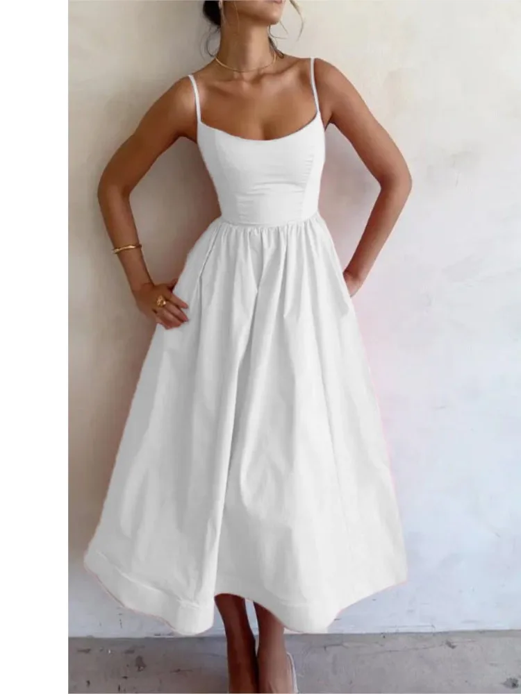 Sexy Solid Spaghetti Strap A-line Maxi Dresses Women Low Cut Sleeveless Big Skirt Dress Summer New Fashion Elegant Party Vestido