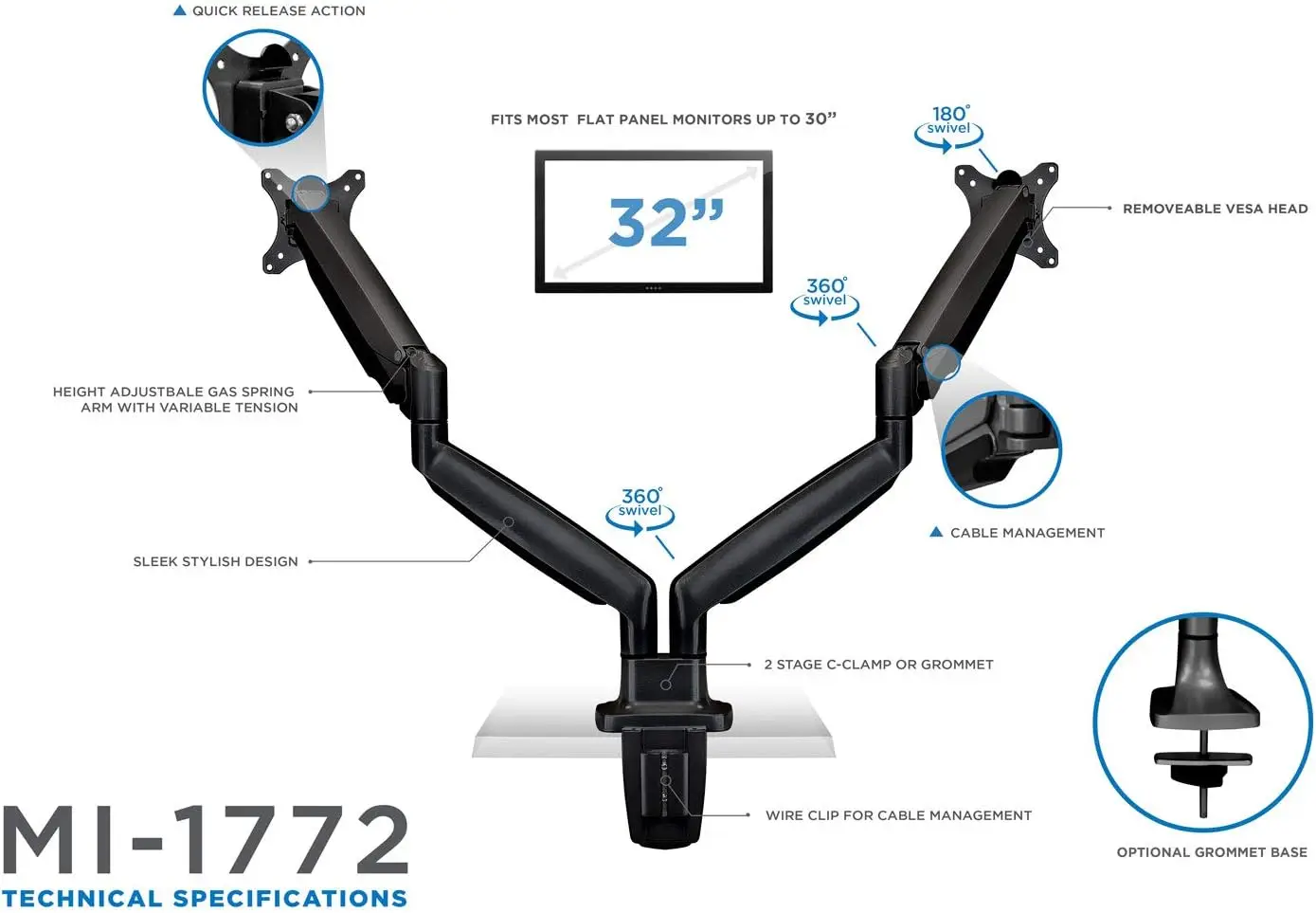 Dual Monitor Arm Mount | Desk Stand | Two Articulating Gas Spring Height Adjustable Arms | Fits 2 x 24 27 29 30 32 Inch VESA