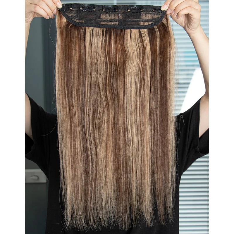 

P4-27 Brown Clip In Human Hair One Piece Natural Hair Extensions Straight Clip-On Add Volume HairPieces 14 18 22 inch 60 1B