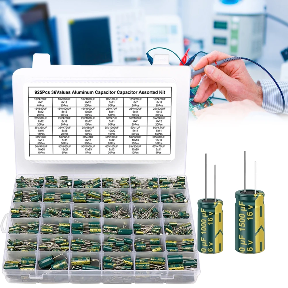 15/24/36 Values 225/460/925Pcs Aluminum Electrolytic Capacitors with Storage Box Aluminum Electrolytic Capacitors Assortment Kit