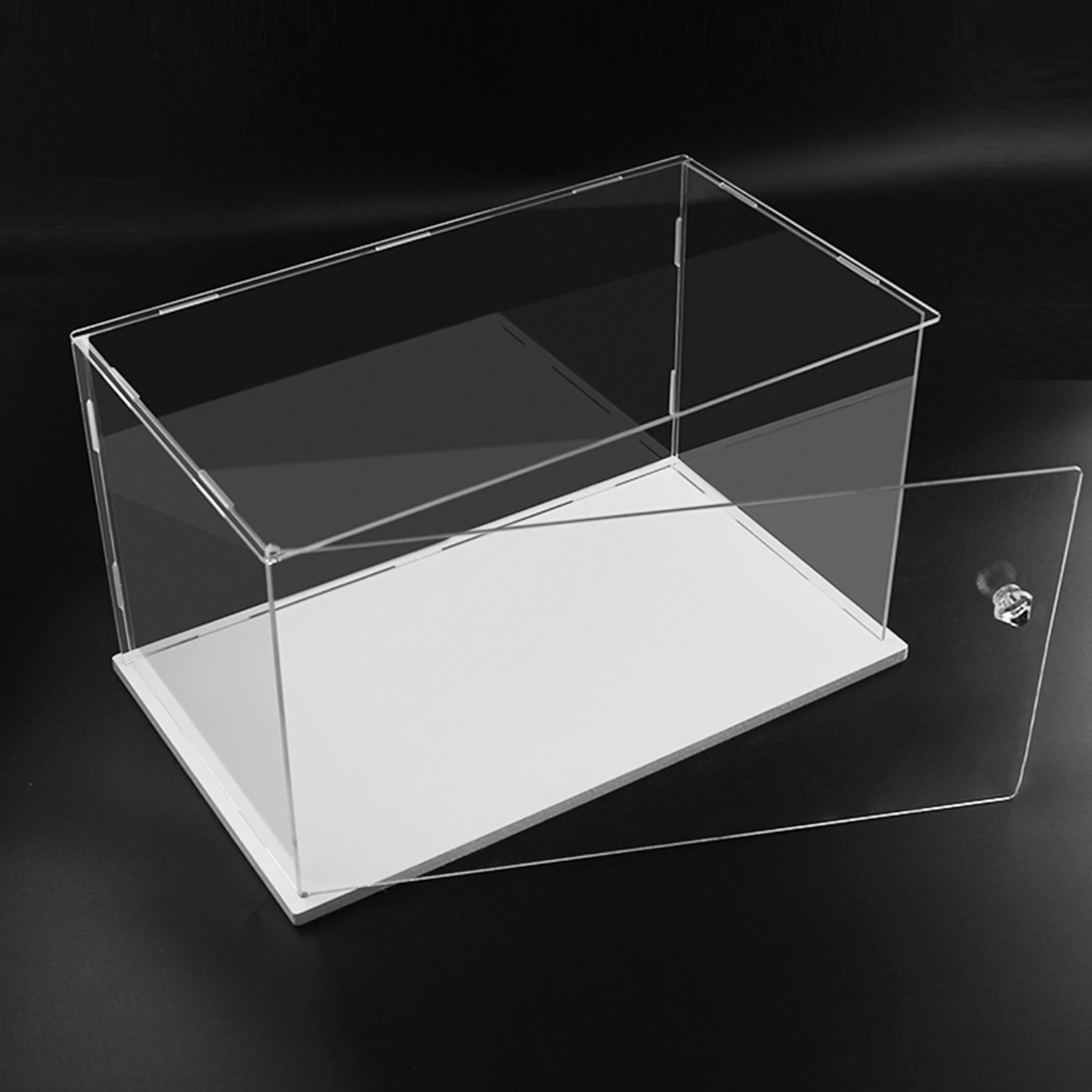 Clear Acrylic Display Case Box Stand with White Base Door Dustproof Protection Showcase For Collectibles 1pc