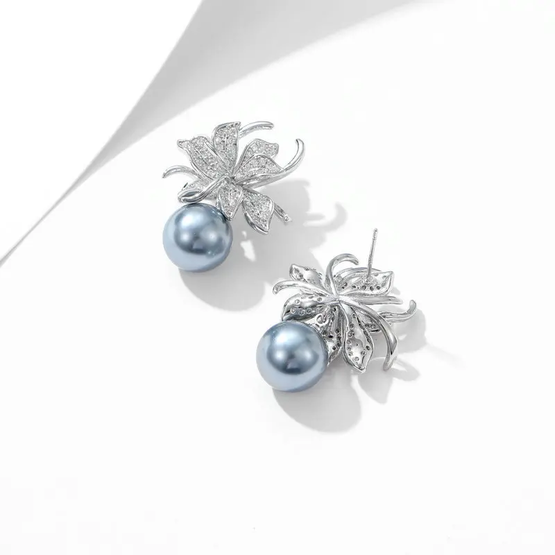 Elegant Temperament Pearl Flower Earrings S925 Silver Needle Micro Pave CZ Stone Gold Plated Wedding Bridal Dangle Jewelry