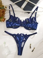 Ensemble de lingerie en dentelle brodée florale de style français bleu, soutien-gorge sexy et doux avec bonnets en acier, pour la Saint-Valentin ZA8240 3