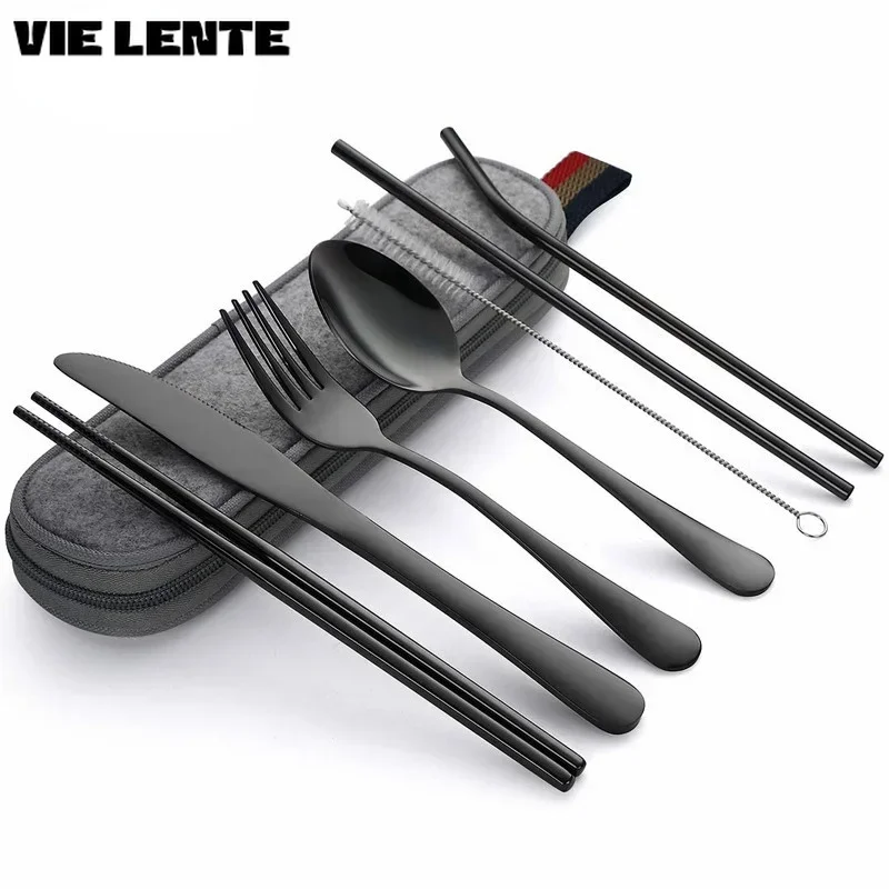 Tableware Set 8Pcs/set Tableware Reusable Travel Cutlery Set Camp Utensils Set Stainless Steel Spoon Fork Chopsticks Straw Portable Case