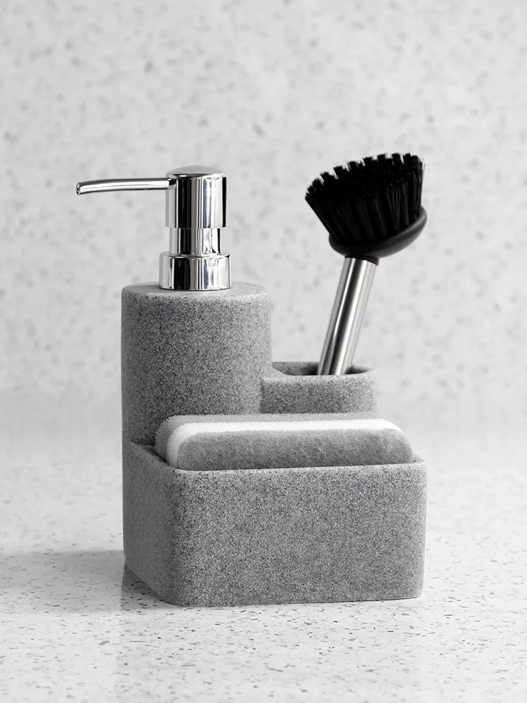 

Soap Dispenser with Sponge Holder and Brush Holder White Marble Look 3 in 1 Liquid Hand Dish Sink Organizer for Kitchen Bathroom