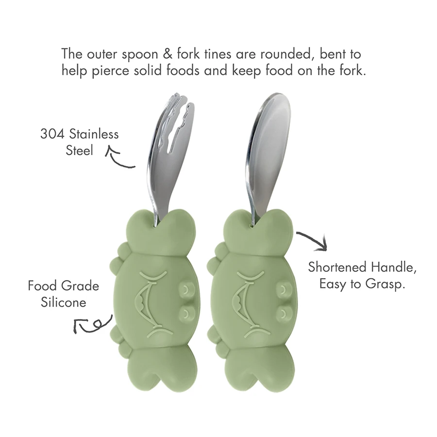 New Kids Feeding Spoon Fork Set Silicone Handle Cutlery Crab Lion Children's Tableware Stainless Steel Utensils Baby Items 3