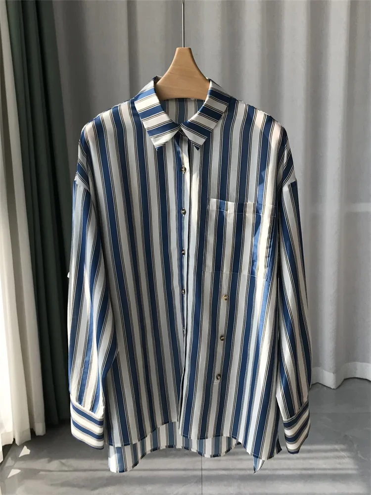

Blouse for Women 2024 New Spring Silk Cotton Striped Elegant Loose Fit Casual Long Sleeve Shirt with Pocket