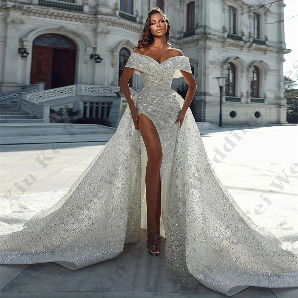 Elegant Wedding Dresses Short Sleeves Simple Off Shoulder High Split Luxurious Fluffy Princess Style Mopping Bridal Gown A-Line