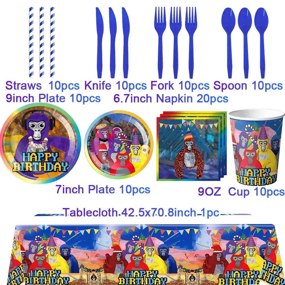 Gorilla Tag Geburtstag Party Dekorationen Einweg Teller Tassen Luftballons Cartoon Tier Gorilla Hintergrund Banner Party Supplies – Detail 5