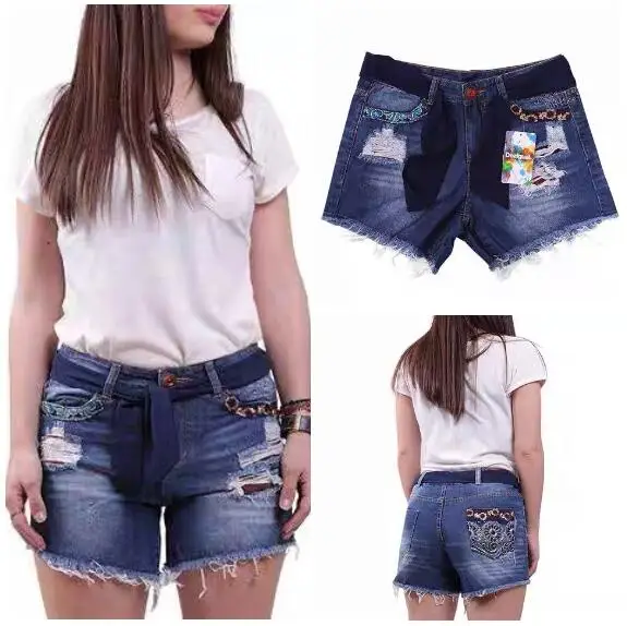 

Foreign Trade Original Order Spain New Women's Denim Shorts Summer Embroidery Print Perforated Blue Shorts Fashion