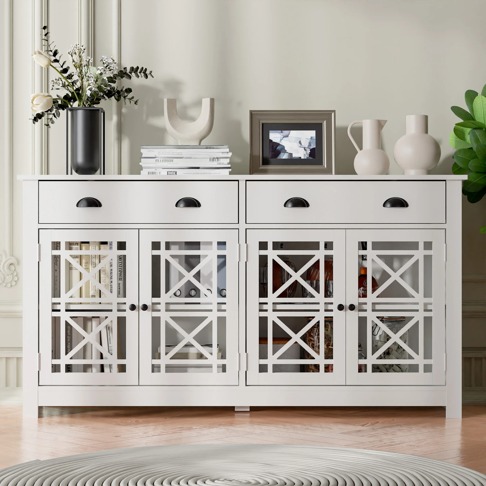 Modern Buffet Cabinet with Drawers, Wood Sideboard Buffet Cabinet with 4 Acrylic Glass Doors, Freestanding Bar