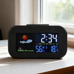 Compact Digital Alarm Clock with Backlit Display and Weather Features (Black)