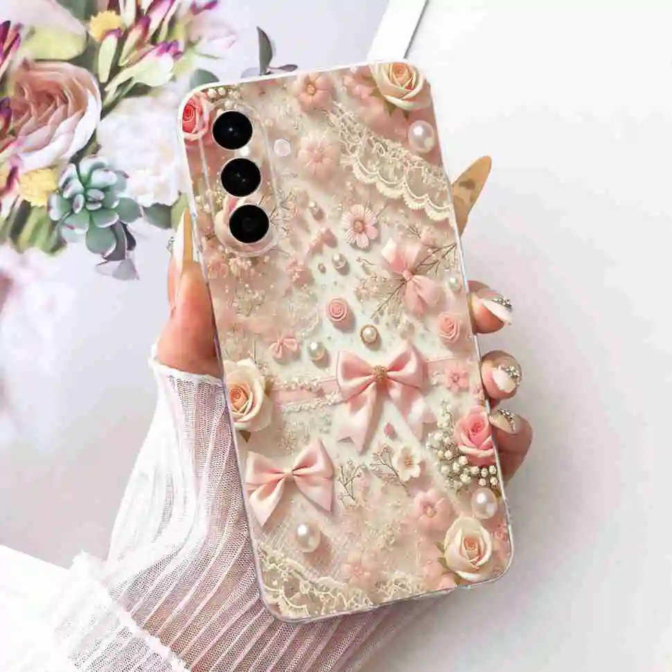 Cute Cat & Floral Design Soft TPU Clear Phone Case with Bumper Shell