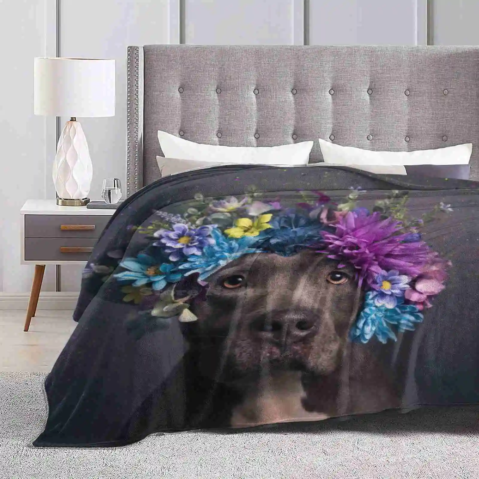 Flower Power , Destiny Soft Warm Throw Coperta Pit Bull Flowers Dog Rescue Shelter Love Flower Crown Pitbull Sophie Gamand