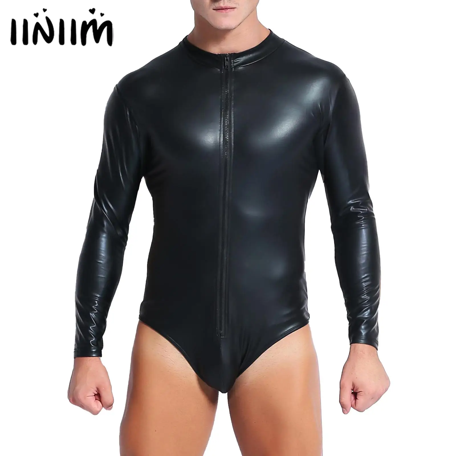 

Mens Black Latex Zipper Faux Leather Long Sleeve Jumpsuit Nightclub Stage Performance Pole Dancing Leotard Bodysuit