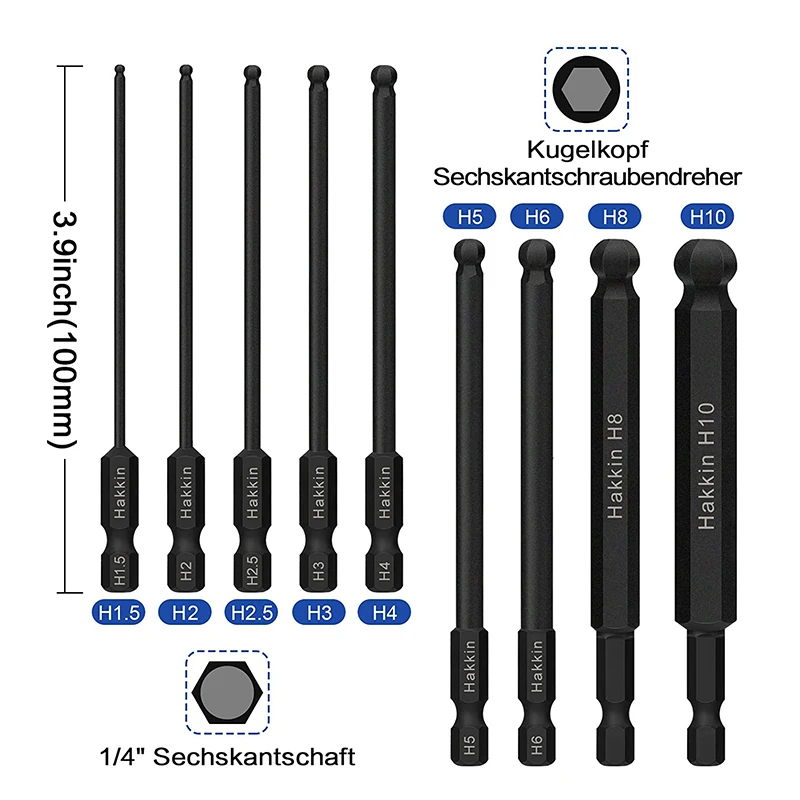 9Pcs 100mm 볼 엔드 스크루 드라이버 비트 육각 머리 알렌 렌치 드릴 비트 ..